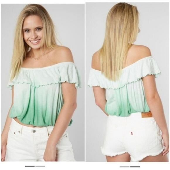 Free People Cora Lee Green and White Off the Shoulder Ombré Top, EUC, Medium - Picture 2 of 13